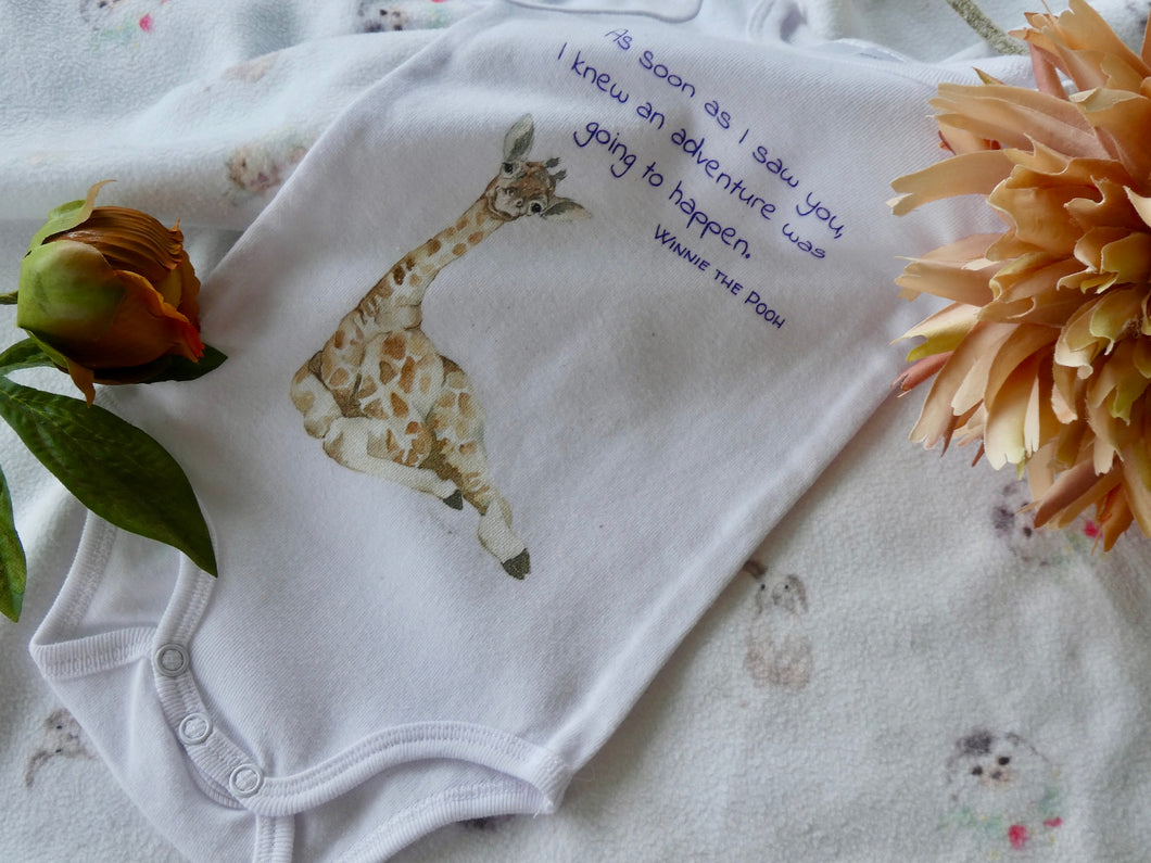 Cotton baby onesie with cute and whimsical giraffe watercolour painting
