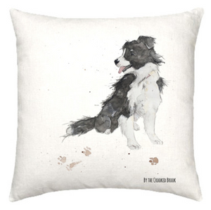 Linen cushion with border collie dog watercolour design