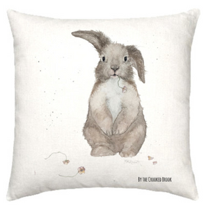 Linen cushion with whimsical rabbit watercolour design