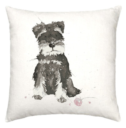 Linen cushion with cute Schnauzer dog watercolour design