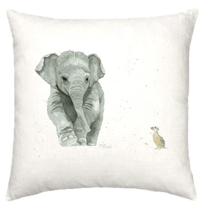 Linen cushion with baby elephant watercolour design