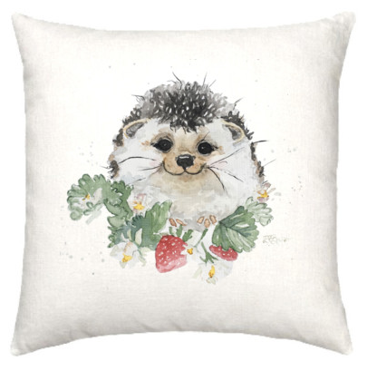 Linen cushion with adorable hedgehog watercolour design