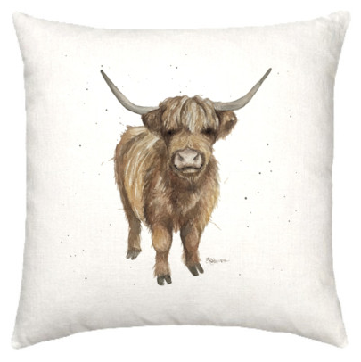 Linen cushion with hairy highland cow watercolour design