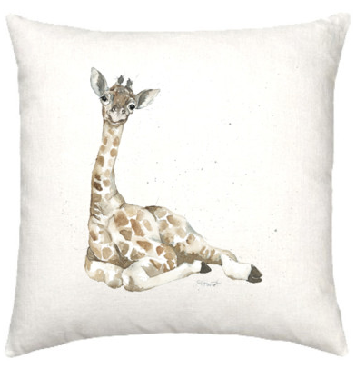 Linen cushion with baby giraffe watercolour design